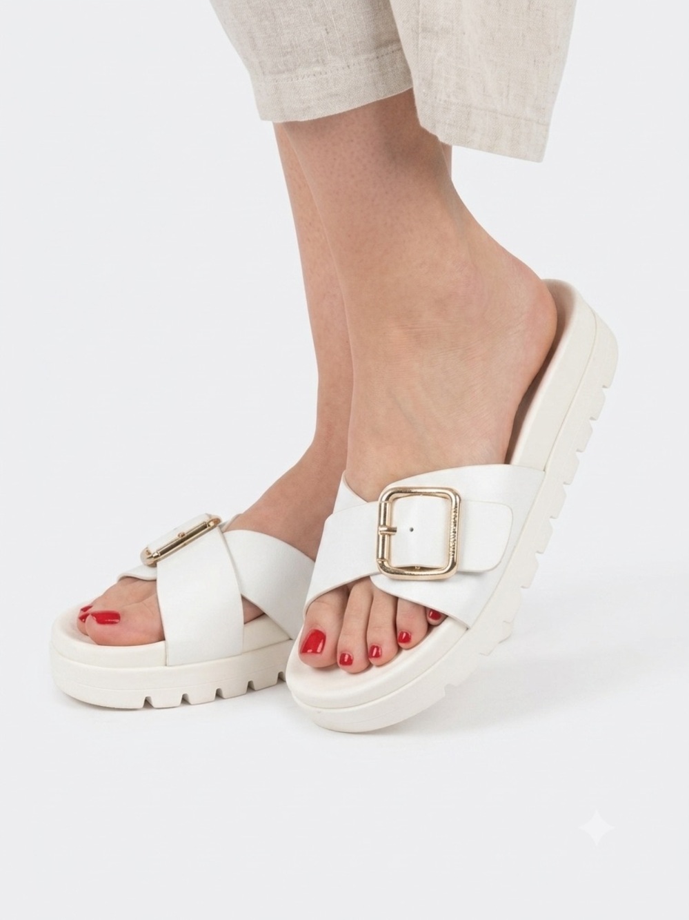 J Slides White Platform Slide Sandals with Gold Buckles